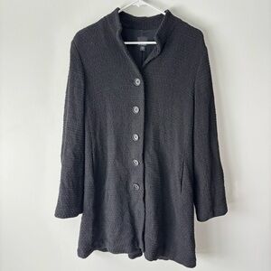 Eileen Fisher Black Waffle Knit Woven Button From Mid Length Pea Coat